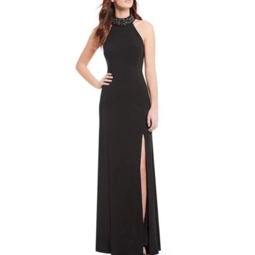 Badgley Mischka Alyssa Embellished Halter Sleeveless Crepe Side Slit Gown Sz 10